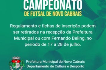 Informamos que o regulamento e as fichas de inscrição para o Campeonato de Futsal de Novo Cabrais já estão disponíveis.