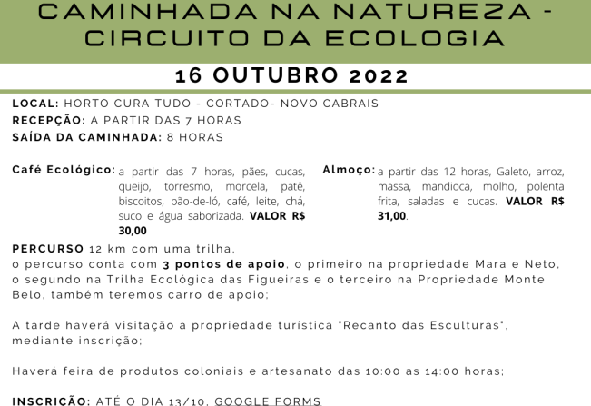 Caminhada na Natureza fará parte da programação de aniversário de Novo Cabrais